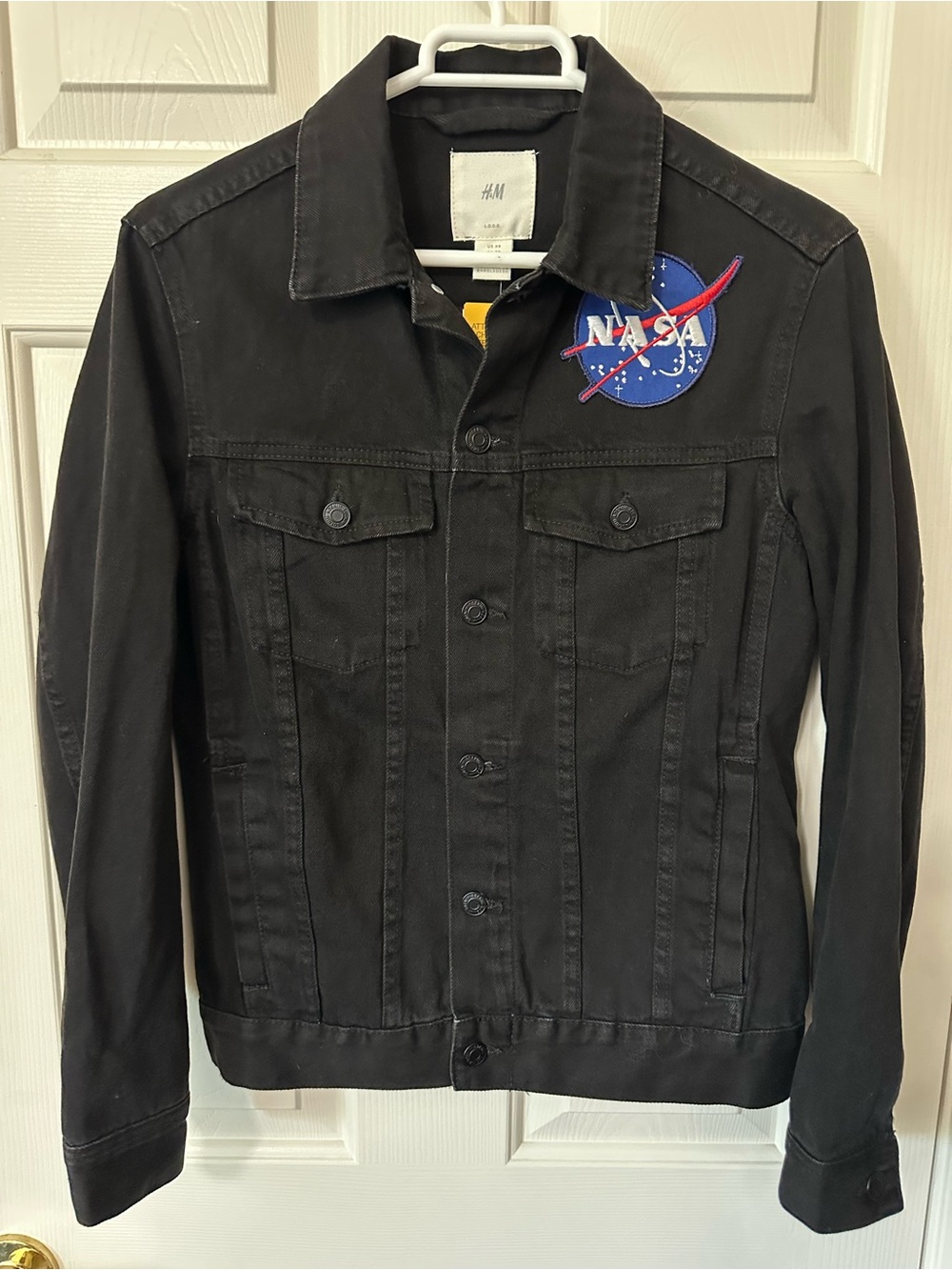 H&M Women’s Black Denim Jacket Button Front Collar Regular Fit Size XS